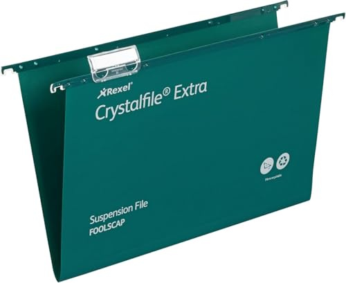 Rexel Foolscap Heavy Duty Suspension Files with Tabs and Inserts for Filing Cabinets, 15 mm base, Polypropylene, Green, Crystalfile Extra, Pack of 25, 70628