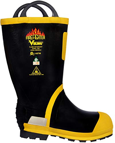 Viking Men's 14” Felt Lined Firefighter and EMS Boots with Chemical Resistant FR Upper, and Steel Toe, EH, Black/Yellow - 11 M US