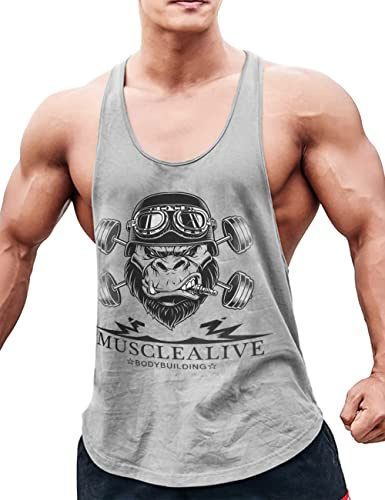 Musclealive Mens Bodybuilding Tank Top Stringer Vest Cotton Arch Man Grey L-( Chest 41 Inch to 44Inch)
