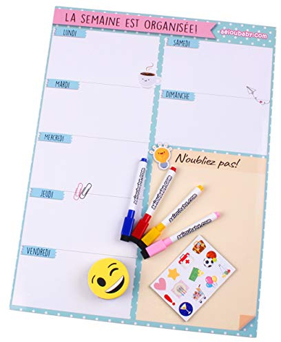 Organizer Settimanale Magnetico, 4 Pennarelli Colorati, 12 Calamite, 1 Gomma | Calendario Frigo 43x32cm Lavagna Cucina | Organizer Memo Lista della Spesa Menù | Scatola idee regalo (Bianco, Francese)