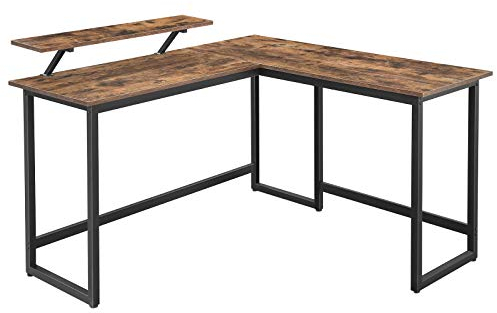 VASAGLE Bureau en Forme de L, avec Support d’écran, pour étudier, Jouer, Travailler, Gain d’Espace, Pieds réglables, Cadre métallique, Assemblage Facile, Marron Rustique LWD56X 140 x 130 x 76/91,5 cm