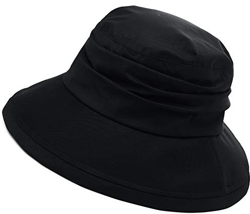 Comhats Womens Rain Bucket Sun Hats Wide Brim Waterproof Hat for Ladies UPF Walking Fishing Kayaking with Chin Cord Foldable Packable Adjustable Black
