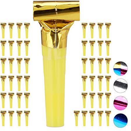 Relaxdays 50 x Partytröten, Luftrüssel Kinder, Tröten Kindergeburtstag, Party Pack Krachmacher, Blasrüssel, Gold