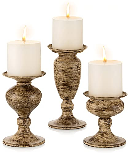 Sziqiqi Juego de 3 Candelabros de Metal, Portavelas de Columna Vintage Velas para Candelabros Centro de Mesa Decorativas Adornos para Salon Boda Decoracion Navideña, Marrón