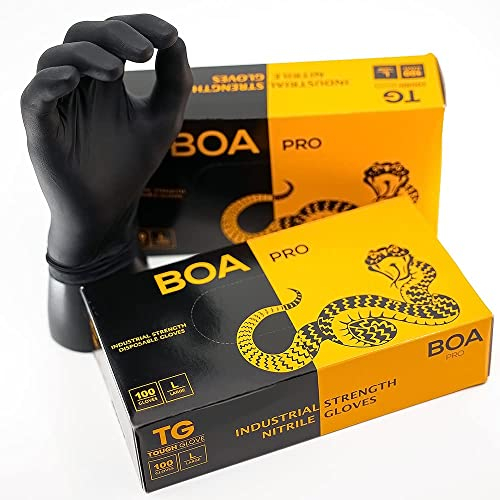TG TOUGH GLOVE BOA PRO (L) Nitrile Gloves (Pack Of 100) | Strong Black Disposable Gloves | Powder & Latex Free Strong Lightweight Mechanic Industrial Gloves