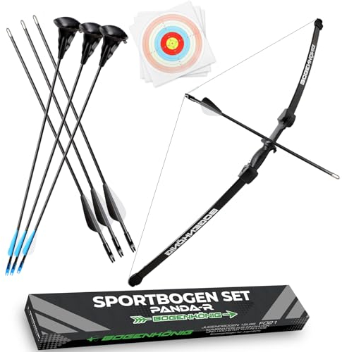 Bogenkönig Pfeil und Bogen Kinder Set-Einsteiger Sportbogen mit 6 Pfeilen (3 schwarz Pfeile mit Metallspitze und 3 blaue Pfeile mit Saugnapf) 6x Zielpapier Ideal für Kinder und Jugendliche ab 7 Jahren