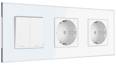 PULSAR Steckdose mit Wechselschalter Doppelt 3-Fach Glas Weiß - Serienschalter Lichtschalter Doppelt Unterputz mit Schutzkontakt-Steckdose 16A 250V