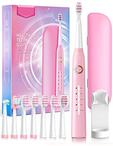 Demita Brosse à dents électrique Sonic avec 8 têtes, 40 000 VPM et 5 modes, avec une charge rapide en 4 heures et une autonomie de 30 jours, pour adultes (Rose avec étui de voyage)