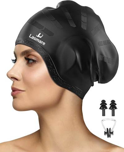 Lasmare Langes Haar Badekappe Damen Herren mit 3D-Ohrenschutz, Silikon Bademütze für Langes/Kurzes Haar, wasserdichte Badekappe Erwachsene mit Ohrstöpseln und Nasenklammer(Schwarz)