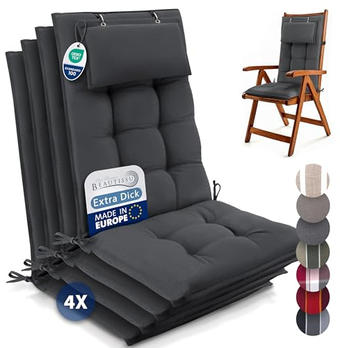 Beautissu 4er Set Premium Hochlehner Auflage mit Kopfpolster 120x50cm Sun-HL – 8cm Dick Polster Gartenstuhlauflage rutschfest Befestigungsbänder UV-Lichtechtheit 5 – Robust Stoff Uni Anthrazit