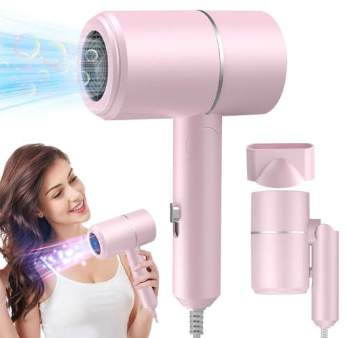 ZOYDP Hair Dryer Travel, Foldable Hair Dryer, Ionic Hairdryer Lightweight with 2 Heat and Cool Button, Silent Hairdryers for Women with 1 Concentrator, Small Hair Blow Dryer for Women Men, Pink