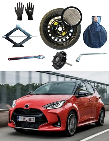 Kit Roue de secours Galette 17 compatible avec Toyota Yaris 5 trous (07/2020>) avec Cric, Clé, Vis, Gants et Sac