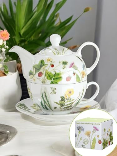 Cult at home Geschenkset - Teekanne Porzellan grosse Tasse 300 ml Untertasse - Tea for one Set - Tee Kanne Teetasse Untertasse – Geschenk Muttertag Ostern Deko Wild Flower - inkl 4 Teefilter Einweg
