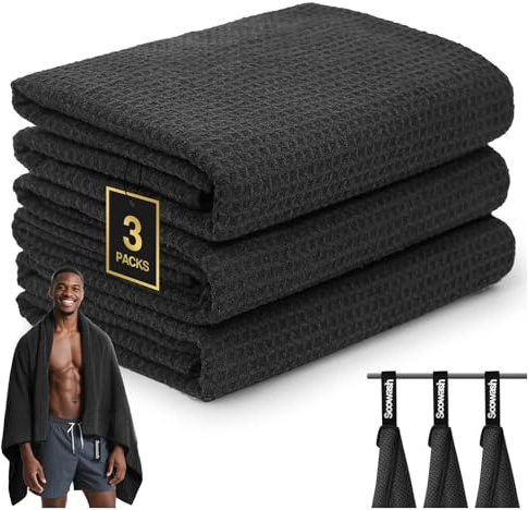 SOOWASH Microfiber Sweat Towel Quick Dry Lightweight Absorbent 3 Pack，Fast Drying 27‘’ X 55‘’ Negative Ions Odorless Gym Towels for Men & Women Yoga Sports Travel Outdoor Camping Gym (Large Black)