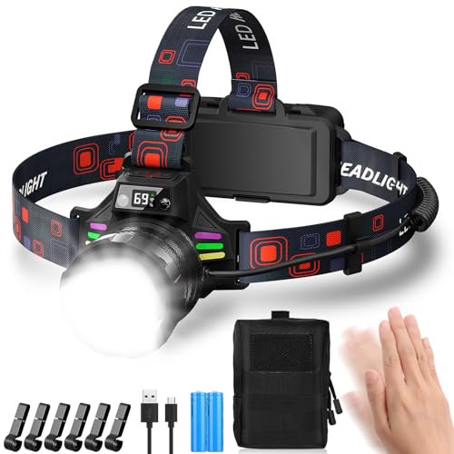 MLIAIMCE Stirnlampe Led Wiederaufladbar,Superhell 100000 Lumen Zoombar Kopflampe Stirnlampe mit Sensor,3 Lichtquellen und Leistungsanzeige,IPX7 Wasserdicht Stirnlampen für Outdoor Camping Angeln