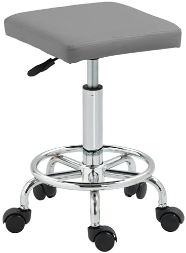 HOMCOM Taburete Giratorio Taburete con Ruedas Altura Regulable 50-66 cm Asiento Tapizado de Cuero Sintético Reposapiés para Salones y Talleres Gris