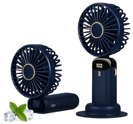 Générique Ventilateur USB Bleu Rechargeable Portable, LUMEYA, Mini Ventilateur de Bureau à Main, 5 Vitesses avec Base, Affichage LED, Silencieux, Pliable, (Bleu foncé)