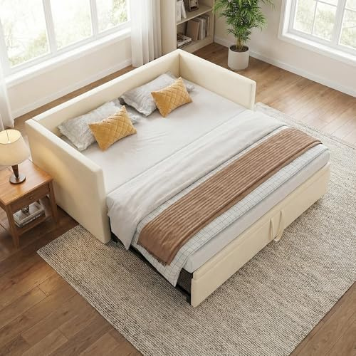 Stoppad säng Bäddsoffa med gästsäng 90/180 x 200 cm, utdragbar säng, för 2 personer, dagsäng, samma höjd utdragbar säng, bäddsoffa med ribbotten och ryggstöd, multifunktionell säng, sammet (beige A)