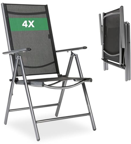 Arebos Trädgårdsstol 4-pack Hopfällbar med Hög Rygg | 7-läges Justerbart Ryggstöd upp till 150° | Aluminium Balkongstol | Väder- och UV-beständig | Belastning 120 kg