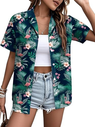 VVNTY Hawaii-skjorta damer blommig button down blus skjorta kvinnor sommar strand fest kortärmad Hawaii-skjorta