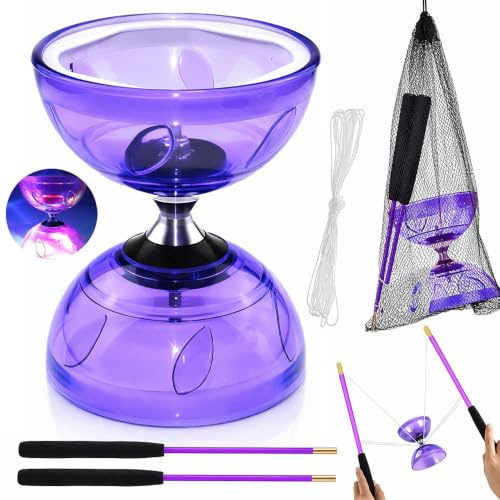 LED Diabolo med kullager, Diabolo frilöpare med kullager, trippelförvaringsset, 4 färger blinkande trippellager med 10 m reservrep, nätpåse och professionell stång för vuxna (lila)