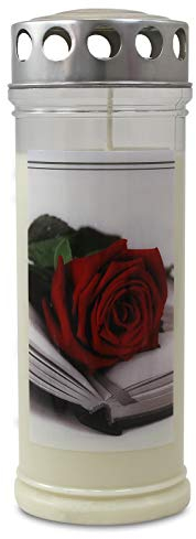 12er Set Gedenkkerzen Grablichter Rose/Buch ca. 75 x 210 mm, extralange Brenndauer, Dauerbrenner 150 - 160 h, Grabkerze, Grableuchte, Grablaterne, Grabschmuck, Trauerlicht