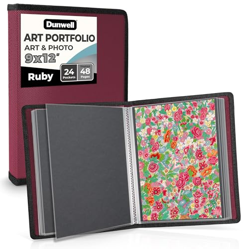 Dunwell Art Portfolio Classeur pour œuvres d'art avec papier de montage noir, 24 poches de présentation 48 pages, livre de présentation en polyéthylène sans acide, 22,9 x 30,5 cm (rouge rubis)