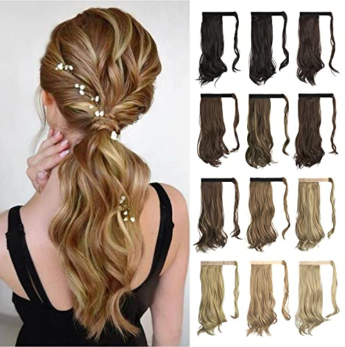 Sofeiyan Pferdeschwanz Haarteil Lockig Haarverlängerung Extension Pferdeschwanzverlängerung Synthetisches Natürliches Gewelltes Haarteil Wrap Around Pony Tail Hair Extensions 38cm-Braun & Blond