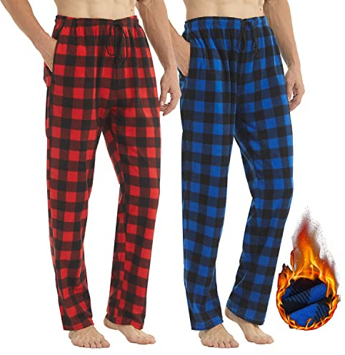 LANBAOSI Mens Pjs Bottoms Fleece 2 Pack Checked Fluffy Lounge Pants Plaid Pyjamas Long Thermal Sleep Nightwear Trousers with Pockets Red/Blue