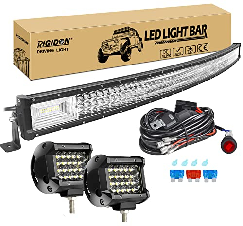 RIGIDON 52 Zoll 130 cm 675W gebogene led lichtleiste mit 12v kabelbaum kit, 2x 4 zoll spot led arbeitsscheinwerfer, Wasserdicht warmweiß offroad beleuchtung für Auto Offroad LKW KFZ Traktor 4x4, 6000K