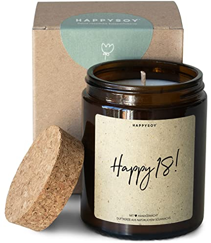 Geburtstag Geschenk Duftkerze im Glas mit Spruch aus Soja - natürlich handgemacht, vegan- Birthday present - persönliche nachhaltige Geschenkidee zum 18. Geburtstag - Happy 18