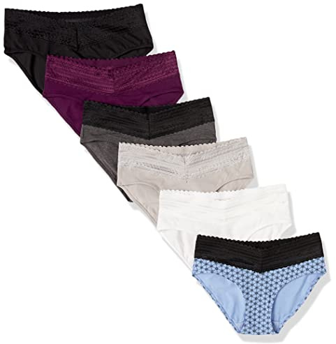Warners Blissful Benefits Women's Dig-Free Comfort Waist with Lace Cotton Hipster Panties 6-Pack, Dark Grey Heather/Black/Black Plumberry/White/Platinum/Winter Lavender Holiday Print, XL