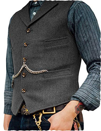 AeoTeokey Classic Mens Wool Tweed Suit Vest Casual Sleeveless Jacket Herringbone Waistcoat for Tuxedos