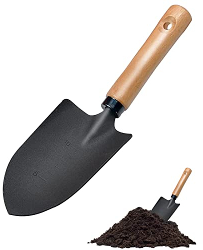 Jetisva Hand Garden Trowel Carbon Steel Small Shovel Angled Bend-Proof Digging Spade Measuring Depth Mark Heavy Duty Metal Detecting Gardening Transplanting Planting Soil, black (SS01)