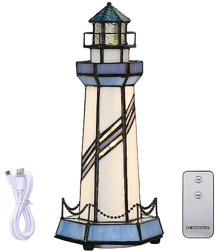 Bieye Lámpara de mesa decorativa de vidrio de color estilo Tiffany con forma de faro L10776 decoración del hogar (5 x 5 x 11, azul)