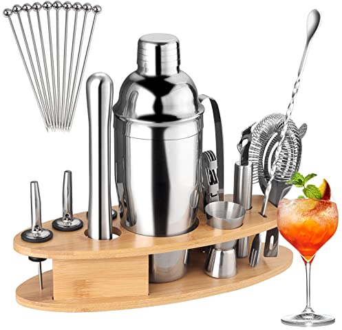 FUNYKICH 22 Pezzi Set Cocktail Professionale in Acciaio Inox,Shaker Cocktail Set con Supporto in Legno,per Casa,Bar,Feste