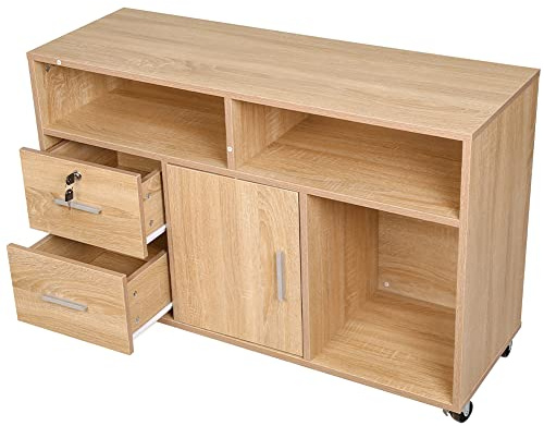 BAKAJI Mobile Multiuso Porta Stampante in Legno con 3 Mensole, 2 Cassetti con Chiave e 1 Armadietto con Scomparti, Mobiletto da Ufficio Archivio Portadocumenti con Ruote Mobili, 100x35x65cm (Quercia)