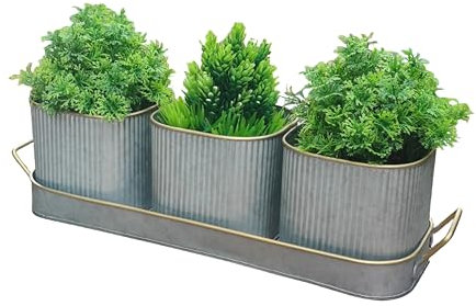 Dipamkar Set di 3 vasi per erbe aromatiche da davanzale in metallo zincato con piattino, per finestre della cucina, uso interno ed esterno