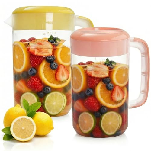 Jucoan 2 Pack 1 Gallon Plastic Pitcher with Lid, Large Water Drink Pitcher, Ice Tea Pitchers with Strainer Cover, Handles, Measurements for Party Sun Tea, Lemonade, Sangria, Cold Brew