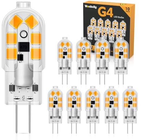 Wonkelly G4 LED Lampe, 10er 3000K 200lm Led Leuchtmittel, 2W Led Glühbirne Warmweiss Ersatz 20W Halogenlampen, AC/DC 12V G4 Led Birne Kein Flackern Nicht Dimmbar Geeignet für Wohnzimmer, Schlafzimmer