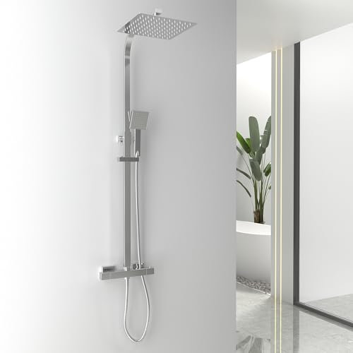 Chrome Shower System with Thermostatic Mixer Valve, 250mm Square Rainfall Overhead Shower Head, Handheld Shower Head, 1.5M Hose