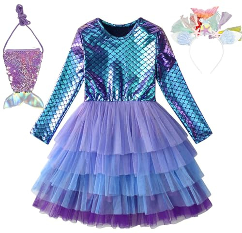 Sirena Costume,Sirena Principessa Arielle Abito a Maniche Lunghe con Copricapo e Borsa,Arielle Sirena Costume di Halloween Carnival Cosplay Party Adatto dai 15 anni in su