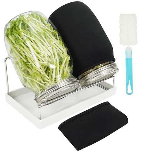 Zeato Sprouting Jar Kit Seed Sprouter Set for Growing Broccoli, Alfalfa, Mung Bea, Premium Stainless Steel Screen Sprout Lids, 2 Wide Mouth Mason Jars, Blackout Sleeves, Tray, Stand and Canning Brush
