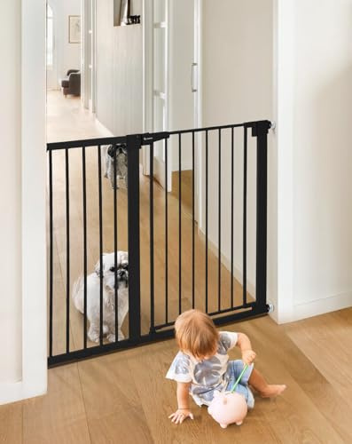 COMOMY 91,5cm Cancelletto per cani Extra Alto, per Scale e Porte, 75 a 117cm di Larghezza, Montato a Pressione Cancellino Bambini di Sicurezza Extra Largo a Chiusura Automatica per Casa, Nero