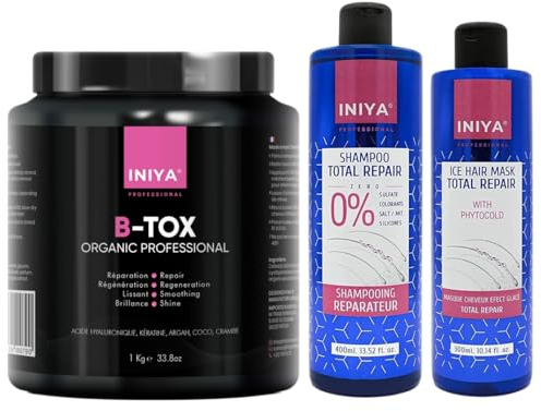 B-Tox - Capelli professionali senza formalina, 1 kg, acido ialuronico, cheratina, argan, cocco | B-Tox Organic Iniya Professional Lisciante & Effetto Specchio | Kit Shampoo & Cura Riparazione Senza