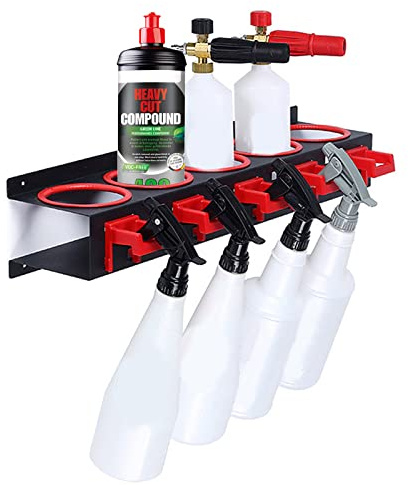 TBRFP Heavy-Duty Wall Mount Spray Bottle Holder for Car Detailing,Adjustable 5-Hook Hanging Rail Organizes Auto Cleaning Tools, Polish & Wax Bottles – Garage, Car Wash Shop Storage