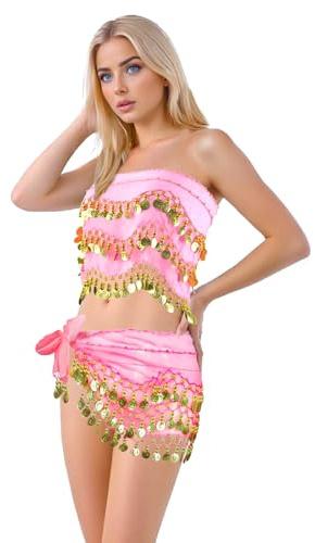 Baisdan 2 Pcs Belly Dance Hip Scarf, Belly Dance Skirt and Top Set for Zumba Latin Latin Yoga Class, 2 Pcs Pink