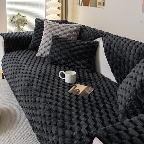 Flannel Couch Cover Washable, Non Slip Sofa Cover for 4 Seater(90x210cm) | Fuzzy Sofa Protectors from Pets, Plush Warm Sectional Sofa Covers, Corner Sofa Slipcovers, Settee Cover for dog(Black)