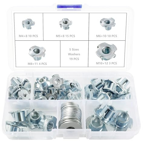 Lyeteung 42 Stücke M4/M5/M6/M8/M10 Einschlagmuttern Set, Vier-Prong Nüsse, 4-Zinken-T-Nut-Muttern, mit 19 Stücke Unterlegscheiben, für Holz, Schränke, Möbel