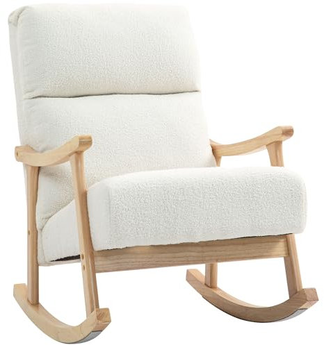 HOMCOM Schaukelstuhl, Schaukelsessel mit Rückenlehne, Holzkufen, Sessel, Relaxsessel mit Teddysamt-Optik, Schwingsessel, Relaxstuhl für Wohnzimmer, Schlafzimmer, Balkon, Cremeweiß